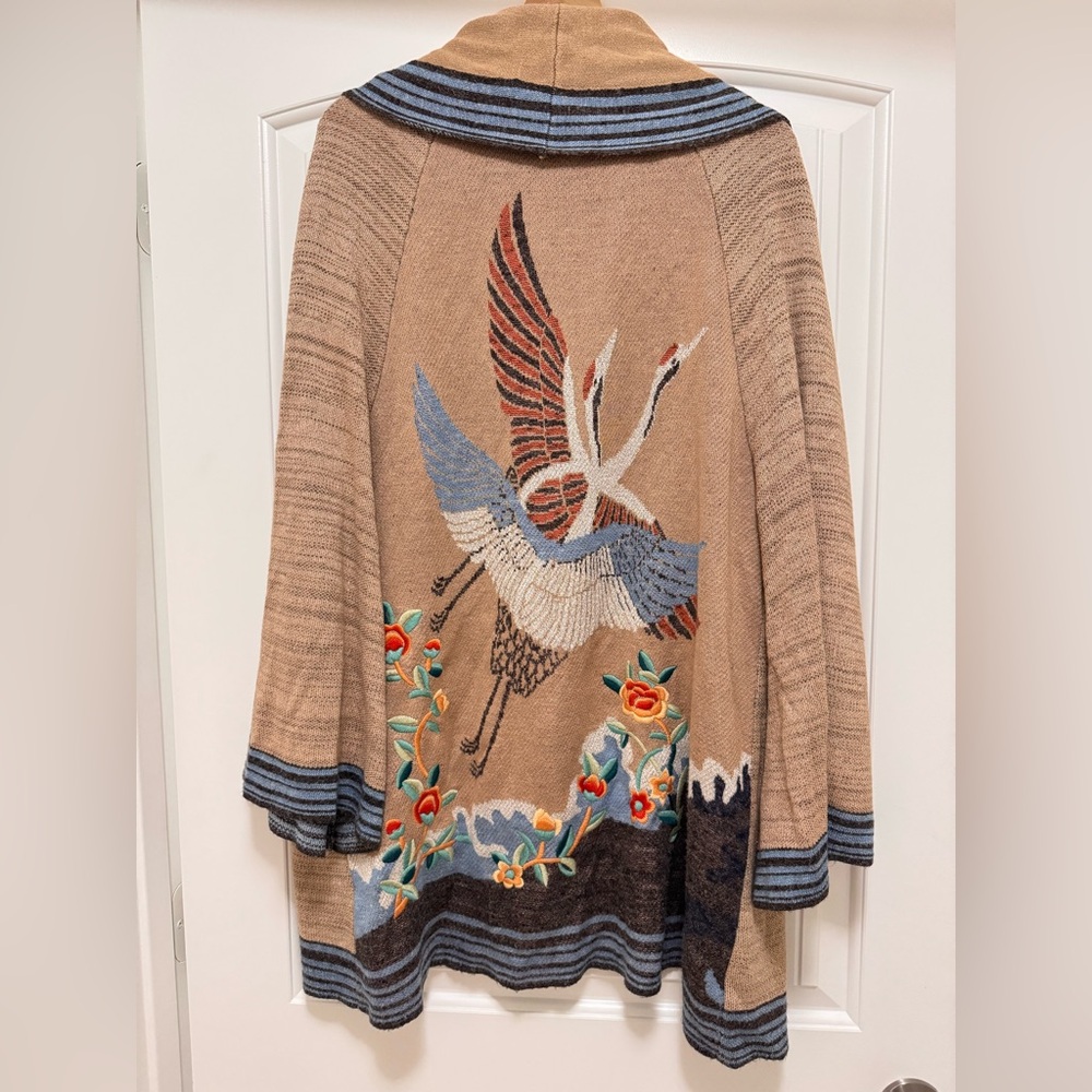 Anthropology HWR Cardigan Kimono Crane with Embroidery Size M